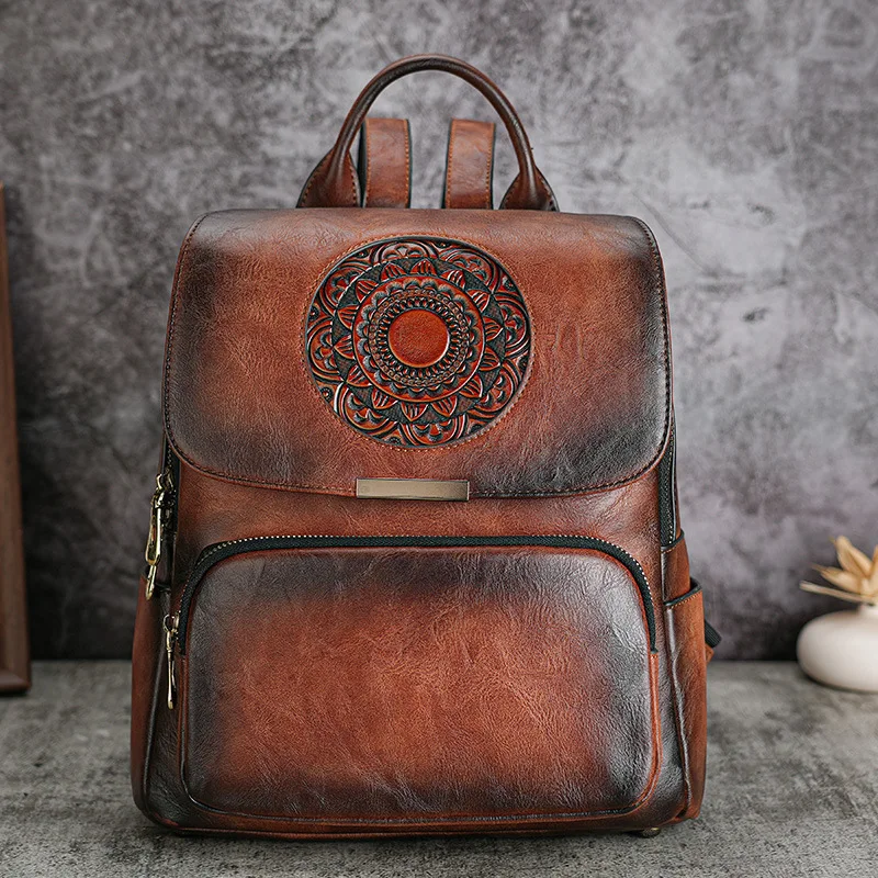 Vintage Women Leather Backpack Chiniese Style Ladies Travel Bagpack Antitheft Floral Double Shoulder Bag