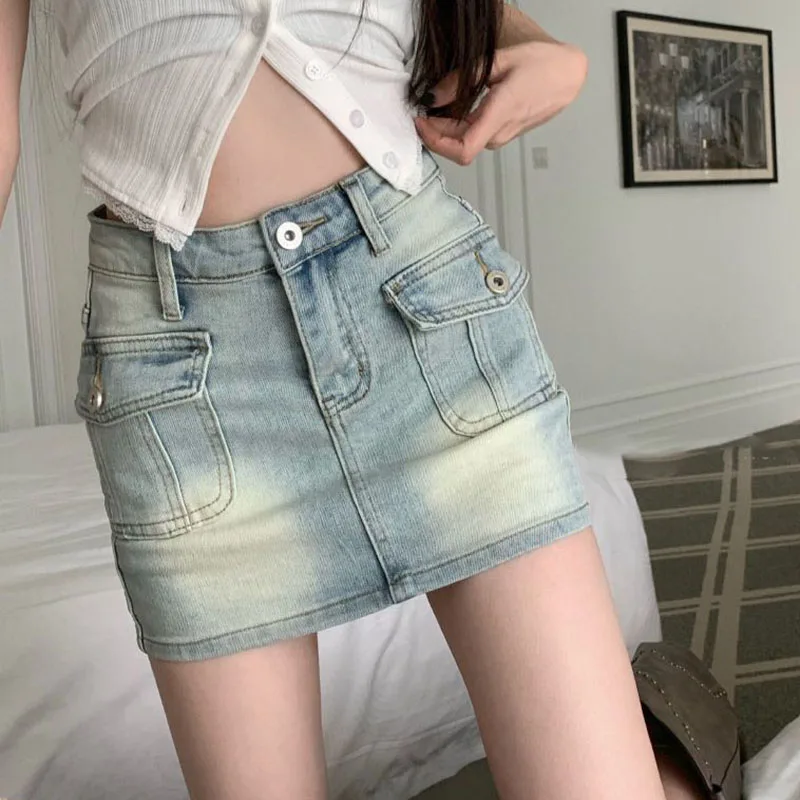 Lucyever Y2K Vintage Light Blue Denim Skirt Female Sexy Skinny Hip Mini Skirts Women Korean Fashion Pockets High-Waisted Skirts