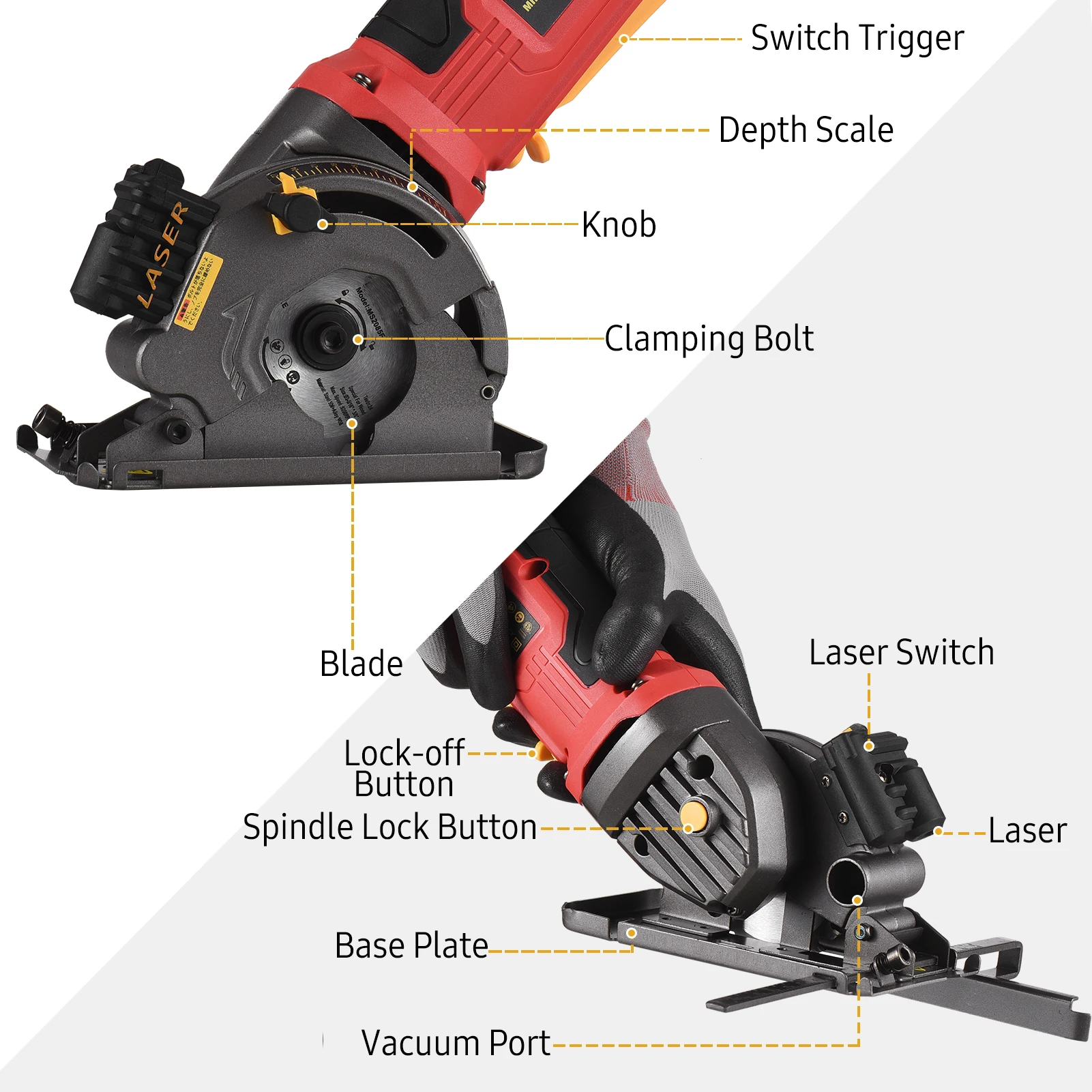 580W Mini Circular Saw Corded Electric Compact Circular Saw with Laser Guide Scale Ruler Vacuum Port 3 Blades for Cutting Wood