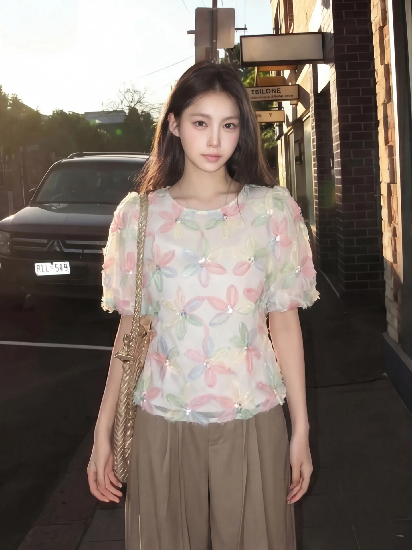 

Elegant Short Sleeve Shantung Georgette Blouse Women's Summer Fashion Heavy Embroidery Floral Lampshade Sleeve Top