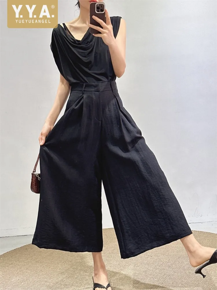 

Summer Trousers Women Black Linen Wide Leg Pants Versatile Fashion Casual Loose Fit Office Ladies High Waist Ankle-Length Pants