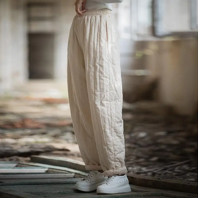 

Thi Cotton Padded Warm Pants for Women Linen Blend Straight Leg Long Trousers Winter Faion Ladies' Cotton Pants
