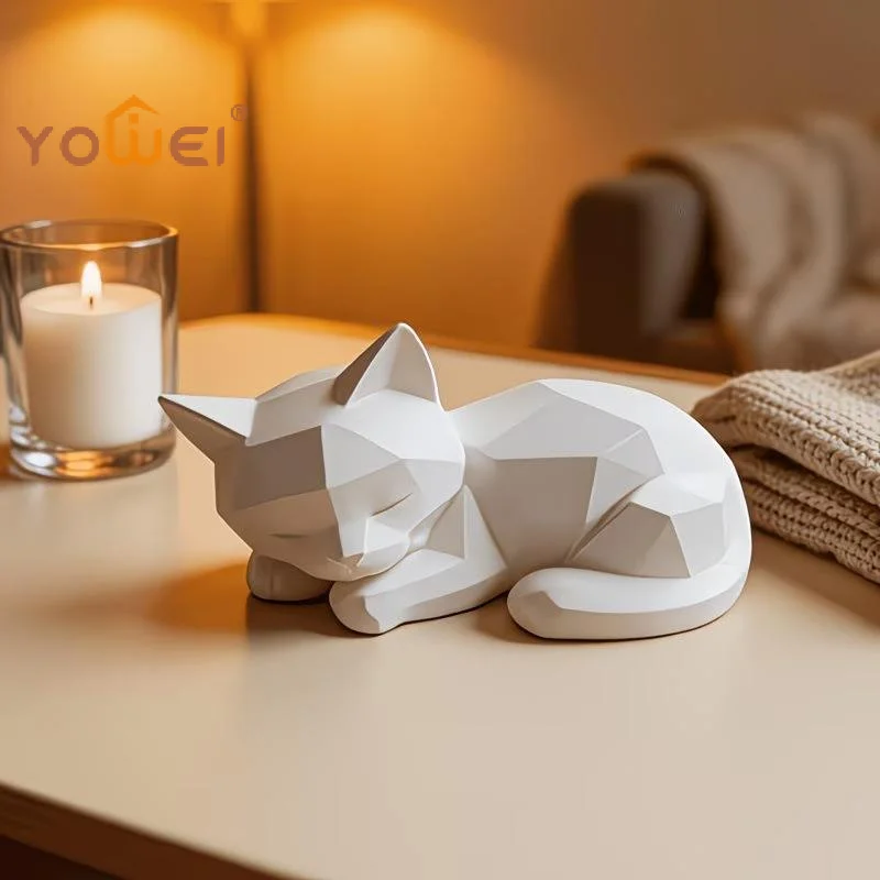 Latest Cute Abstract Geometric Sleeping Cat Ornament - Modern Minimalist Plastic Figurine Home & Office Desk Decor