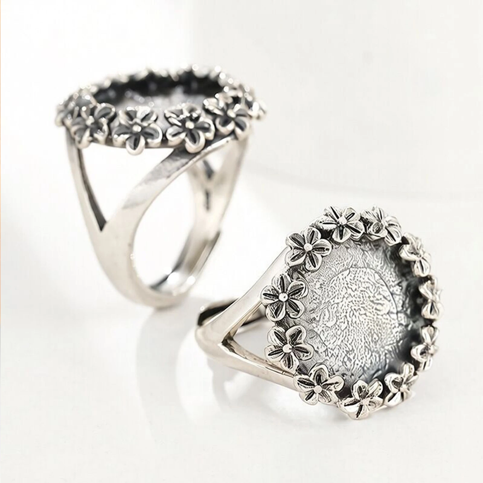 2Pcs/lot Flower Copper Ring Base Blank Fit For 14mm Round Cabochon Mounting DIY Ring Charm Jewelry Making