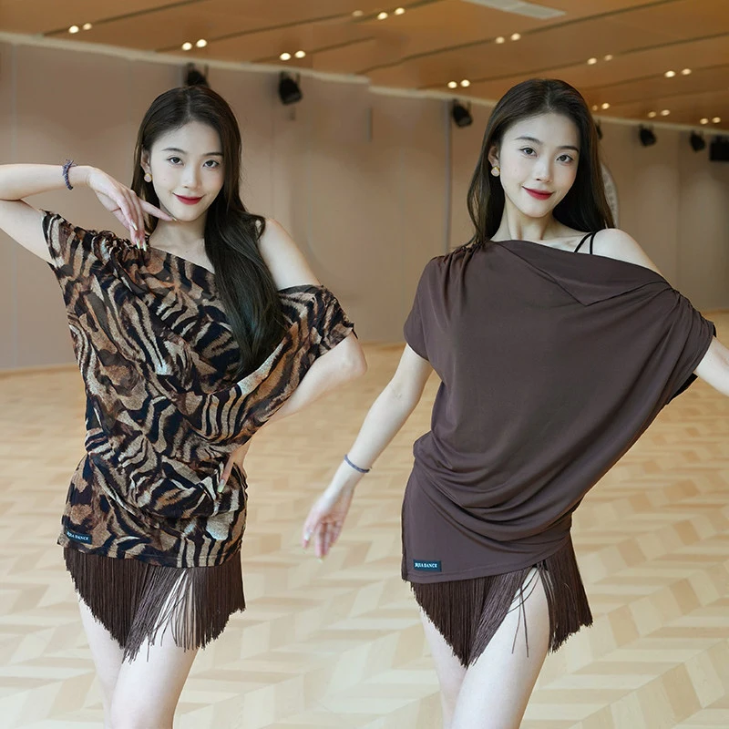 

Slopping Shoulder Latin Dance Tops Women Summer Rumba Cha Cha Samba Dance Practice Clothing Adult Latin Training Clothes SS1828