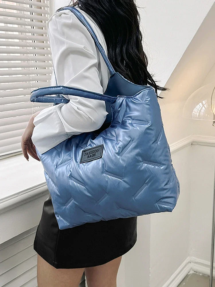 Women Padded Tote Bag Versatile Solid Puffer Bag Big Capacity Quilted Shoulder Bag Casual Winter Commuting Bag