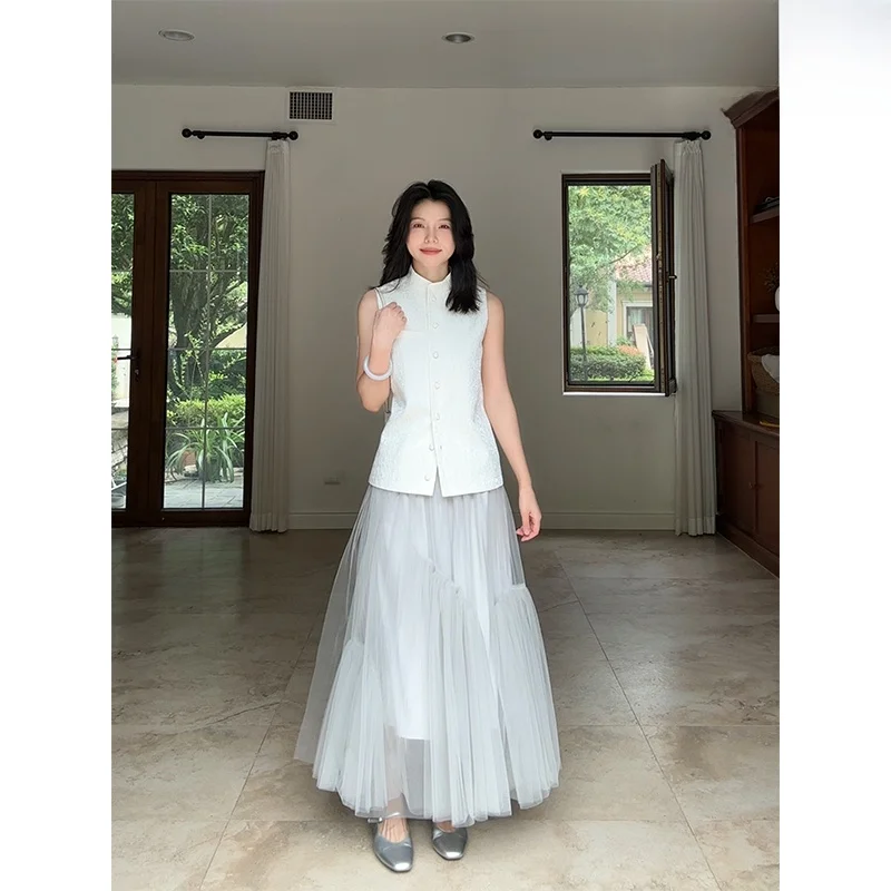 

Новый китайский жилет с вышивкой и воротником-стойкой, летний дизайн, модный женский комплект, удлиненный жилет средней длины из полиэфирного волокна