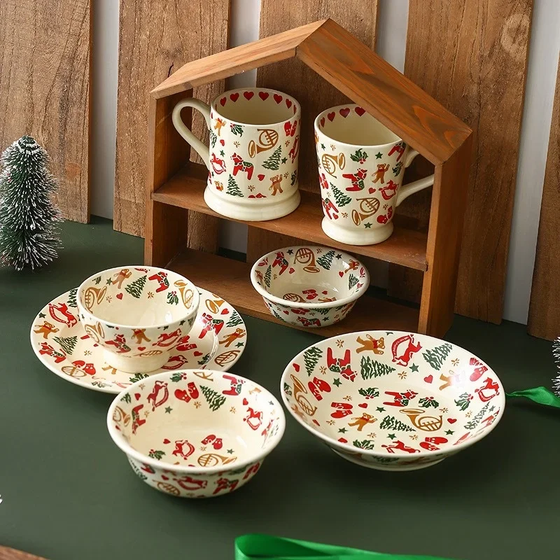 Świąteczne sztućce ceramiczne Kreatywny kubek retro Motyw świąteczny Talerz Miska Kubek na wodę Jadalnia Zastawa kuchenna Miska śniadaniowa Naczynie