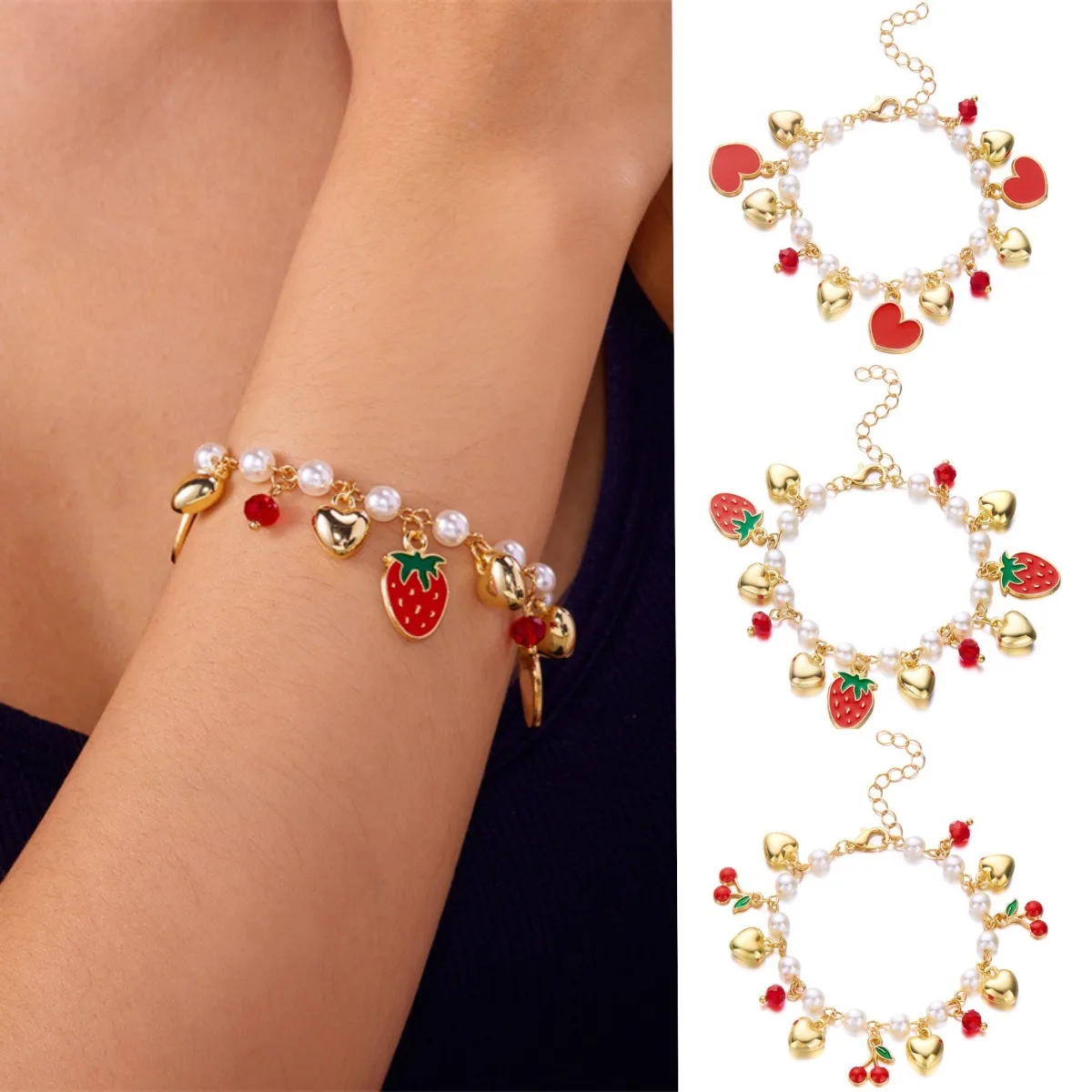 ​ Pulsera mujer cereza fresa corazón cadena de perlas | Chica de joyería hipoalergénica de acero inoxidable, accesorios de brazalete de fiesta de regalo