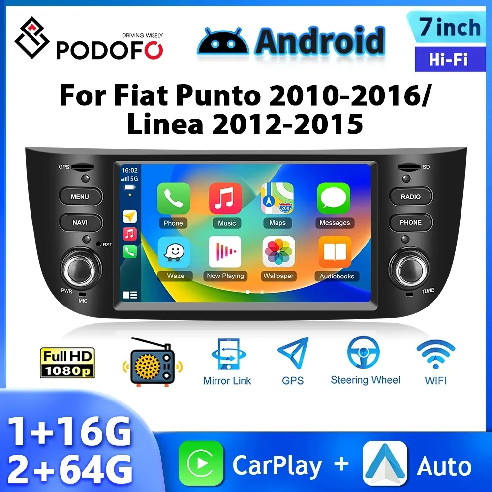 Podofo 6.2'' Android Car Radio For Fiat Punto 2010-2016/Linea 2012-2015 2Din Multimedia Player Wireless Carplay Android Auto