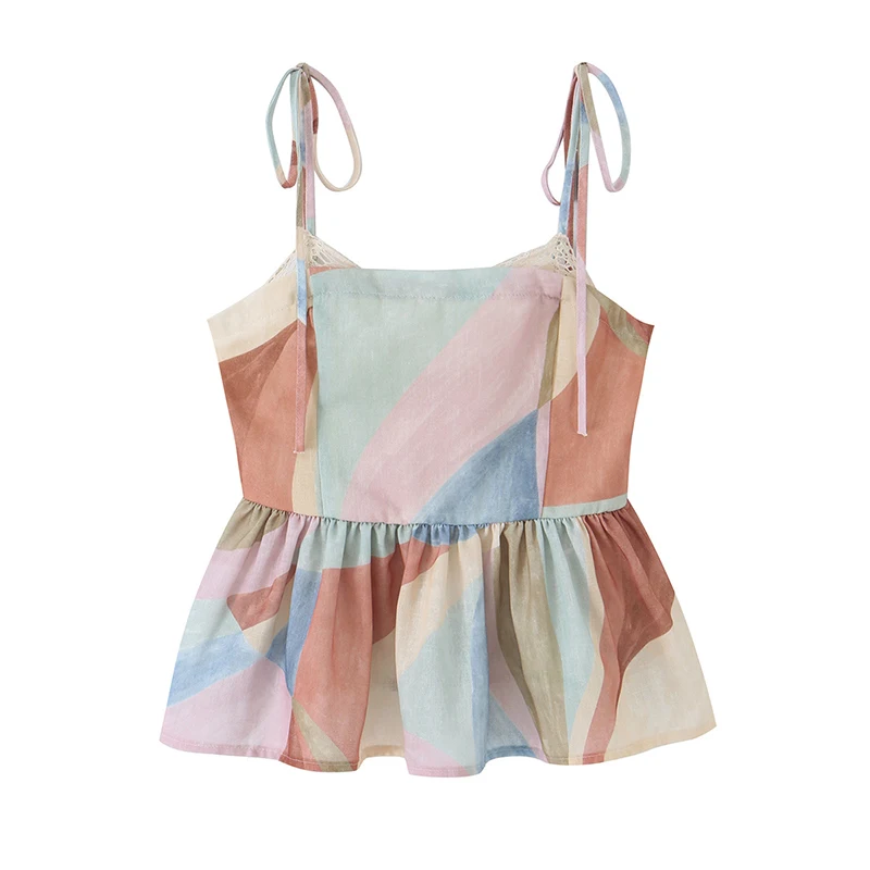 Novo Top Camisole Feminino 2026 com Estampa, Peplum, Alça de Amarrar e Detalhe em Renda - Blusa Casual de Verão