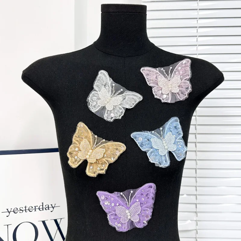 diy-二層ビーズ蝶アパレルアクセサリー手作りスパンコール衣類縫製アクセサリーヘアアクセサリー装飾