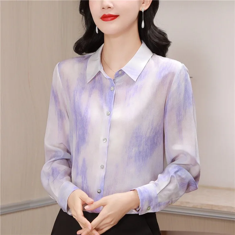 

Vintage Women's Blouses Print Casual Shirts Fashion Loose Spring/summer Korean Clothing Long Sleeves Satin Women's Tops