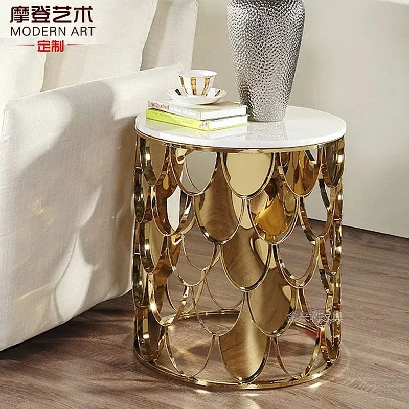 YT Light Luxury Nordic Sofa Side  Fish Scale Small Coffee Table Stainless Steel Corner Table Mobile Round