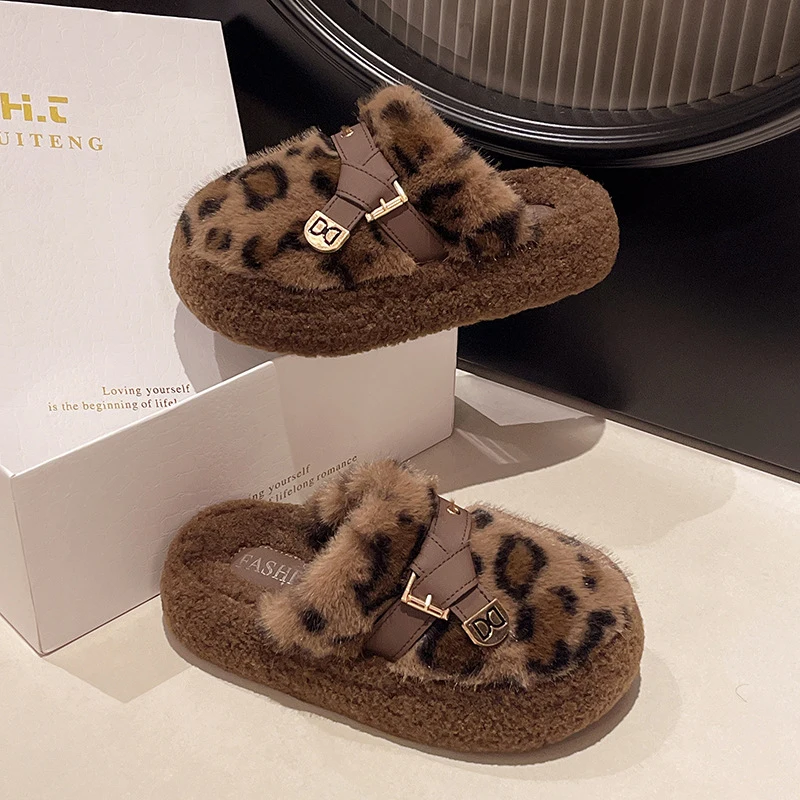 

ZHUOFU Fashion Leopard Fur House Slippers for Women Indoor and Outdoor Fluffy Slippers Belt Buckle Design Winter Home Shoes
