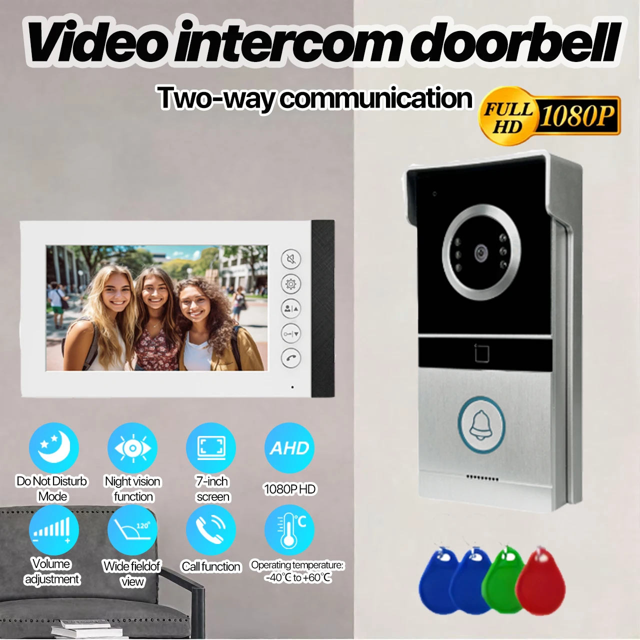 

Wired Video Door Phone 7 Inch 1080P AHD 120° Wide Angle Two Way Audio Night Vision Waterproof RFID Unlock Intercom for Apartment