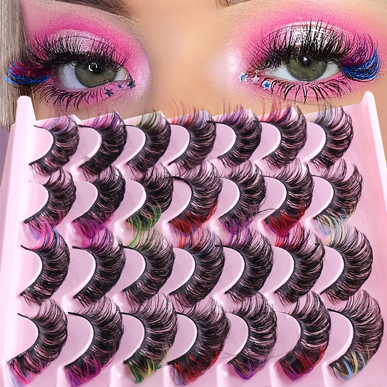 14組のカラーつけまつげ、3D効果、簡単に着用でき、耐久性があり、明るい色、軽量で快適です。