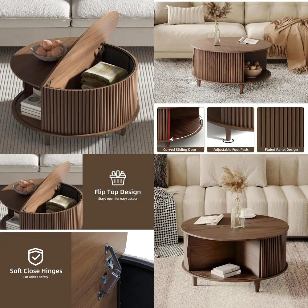 Compact Storage Coffee Table with Sliding Door for Small Living Spaces, 31.5 Diameter Center Table