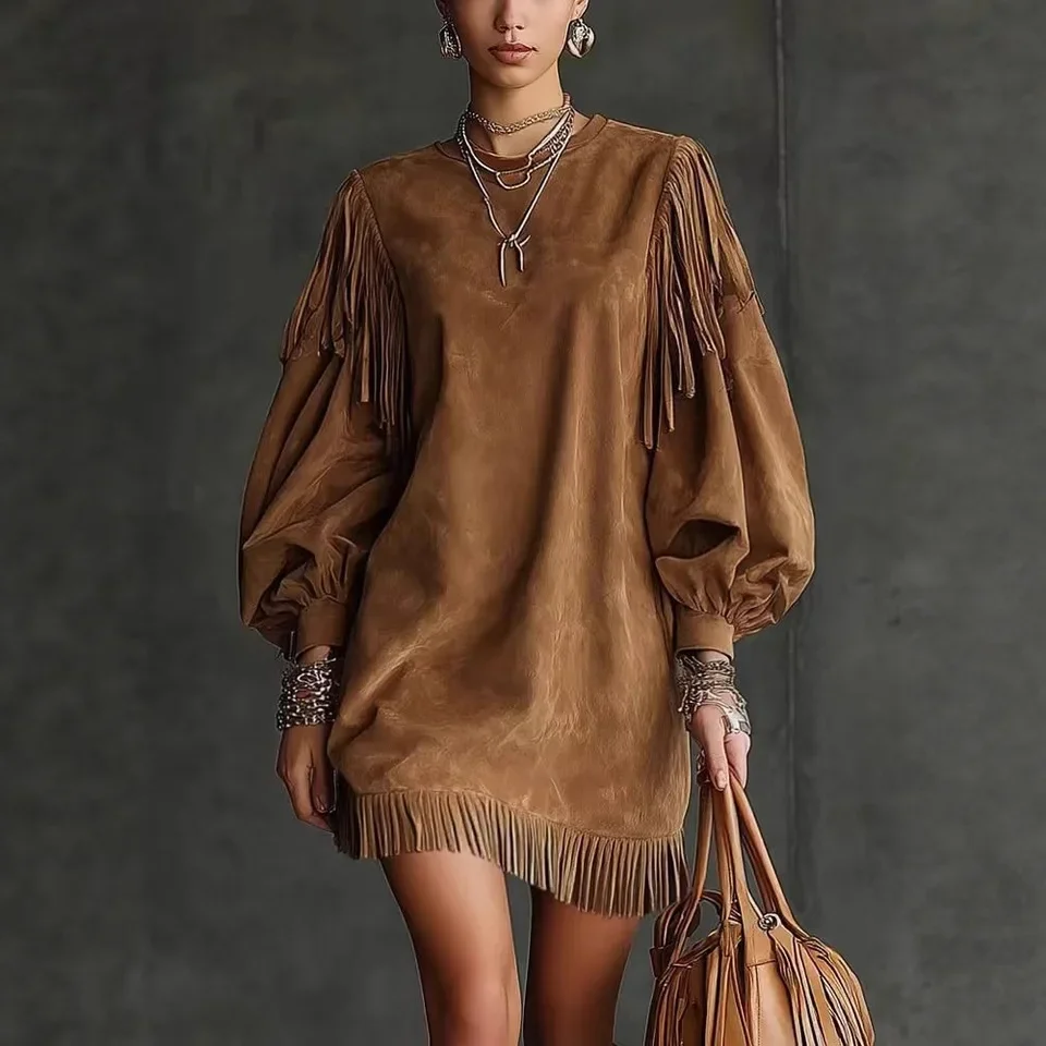 

2026 New Round Neck Fringed Lantern Sleeve Long Sleeve Solid Color Short Dress Fashion Desin Loose Casual