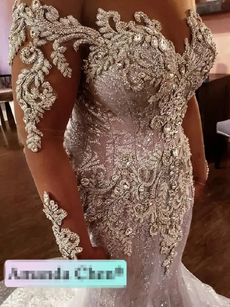 Personalizado colher pescoço sereia cristais pesados contas vestido de casamento ilusão mangas compridas plus size rendas apliques vestidos de noiva