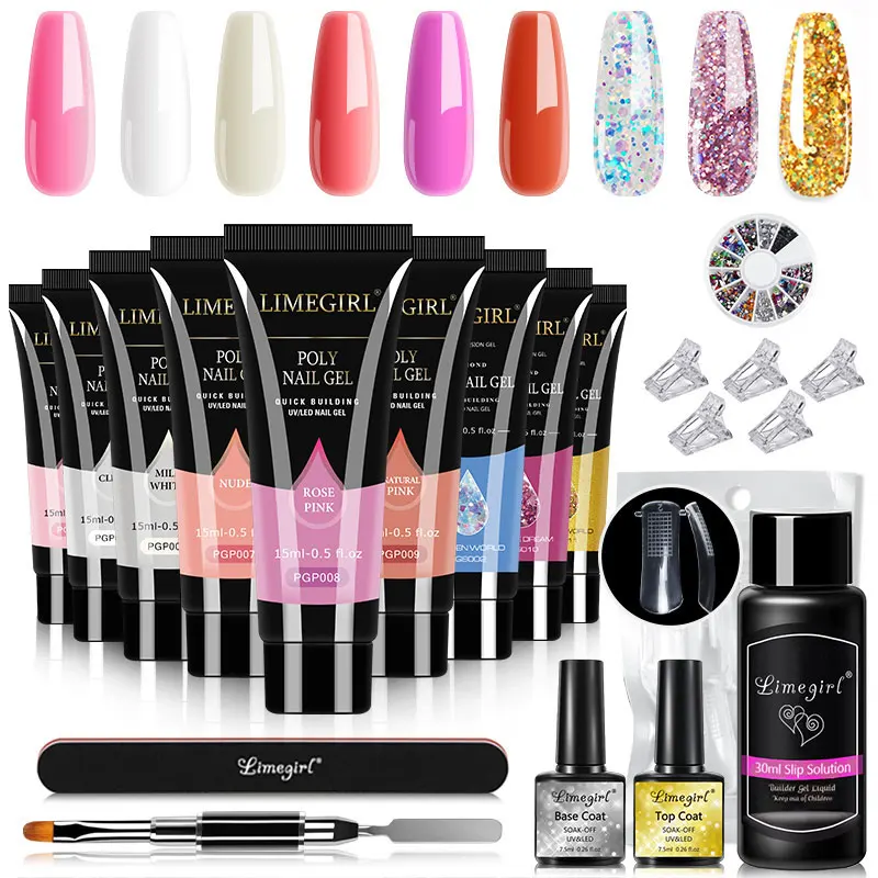 Limegirl extensão do prego uv gel conjunto para o dedo francês rápida extensão gel embeber fora da arte do prego diy manicure gel verniz prego kits