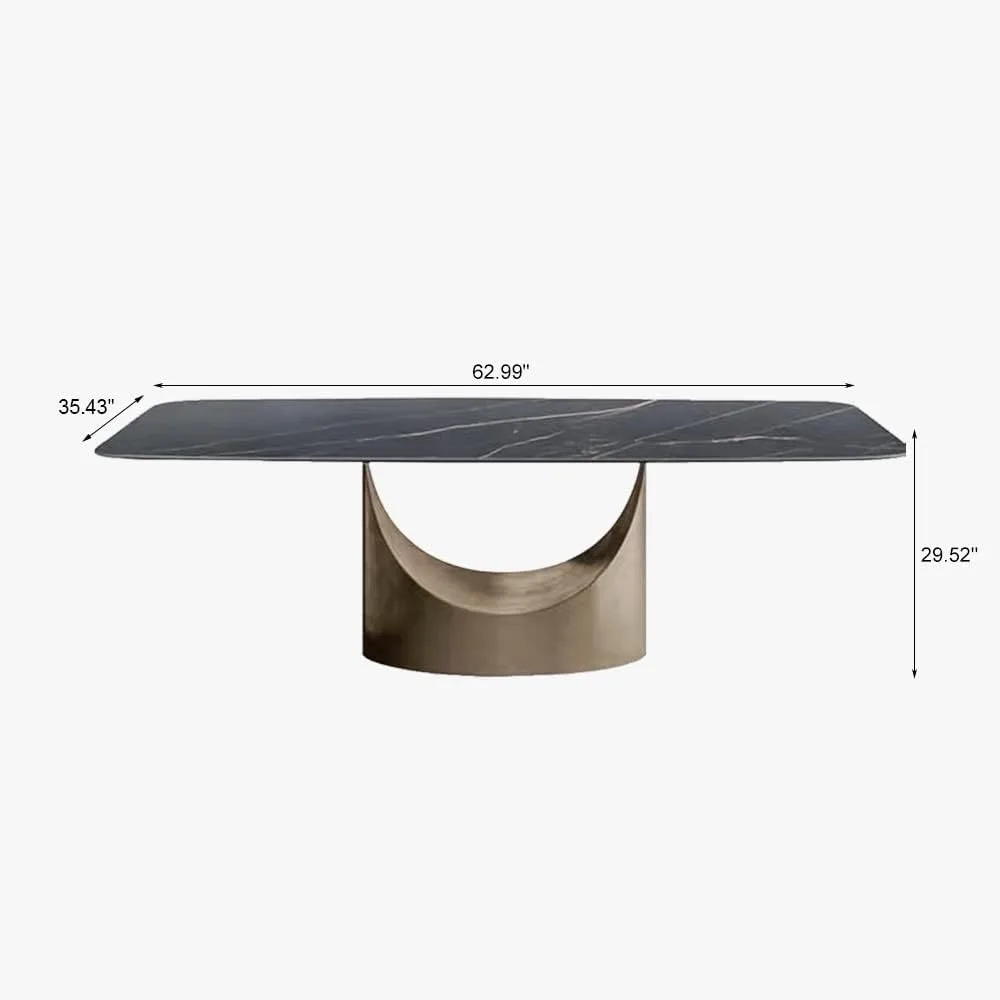 Dining Table for 4, Sintered Stone Dining Tables Top with Bronze Carbon Steel Pedestal Tables, 63 Inch Rectangle Dining Table