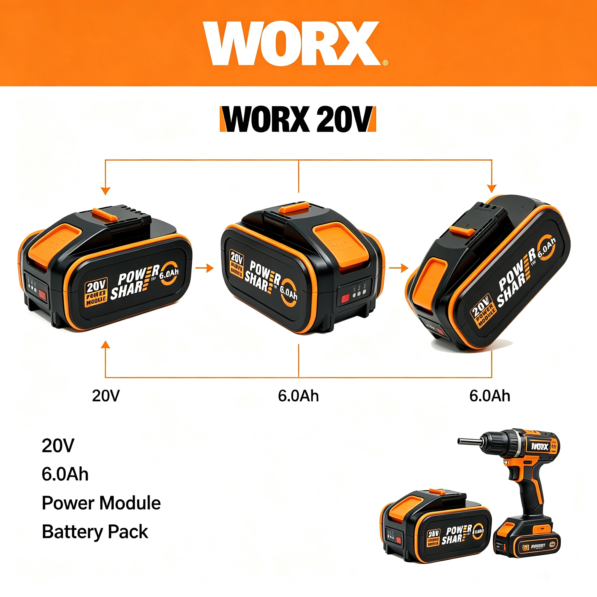 WORX 20V 6.0Ah 4Pin Li-ion Battery WA3551.1 Replacement Battery for WORX WX390 WX176 Drill Impact Wrench Use Power Tools Jobs