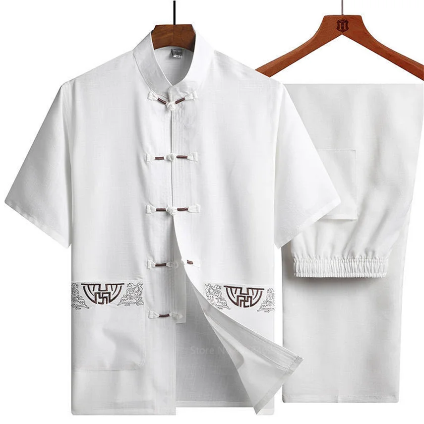 Traditional Chinese Clothing Set For Men Adult Tai Chi Kung Fu Uniforms Linen Short Sleeve Embroidery Casual Chinese Costumes