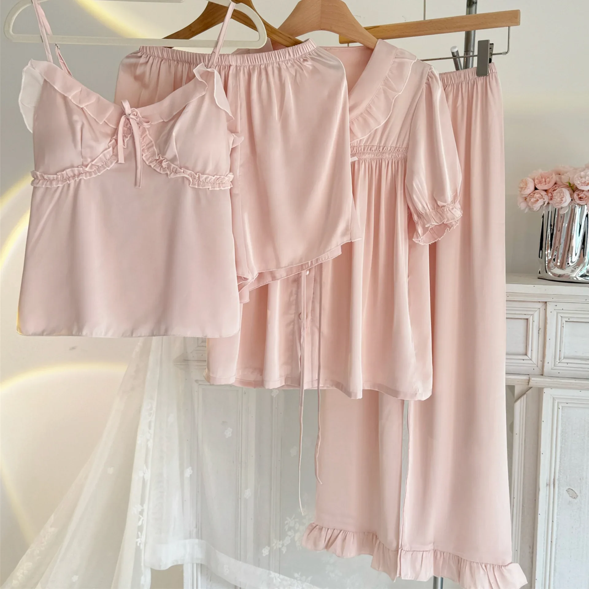 

Spring Summer 4PCS Pajamas Set Sleepwear Sweet Lace Female Sleepwear Home Clothing Loose Casual Rayon Trouser Suits Loungewear