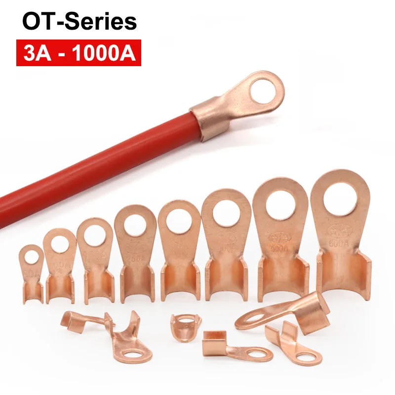 

1/5/10pcs OT-3A 5A 10A 20A 30A 40A 50A 60A ~1000A Wire Nose Red Copper Terminals Battery Cable Lug O-Type End Screw Hole M4~M18