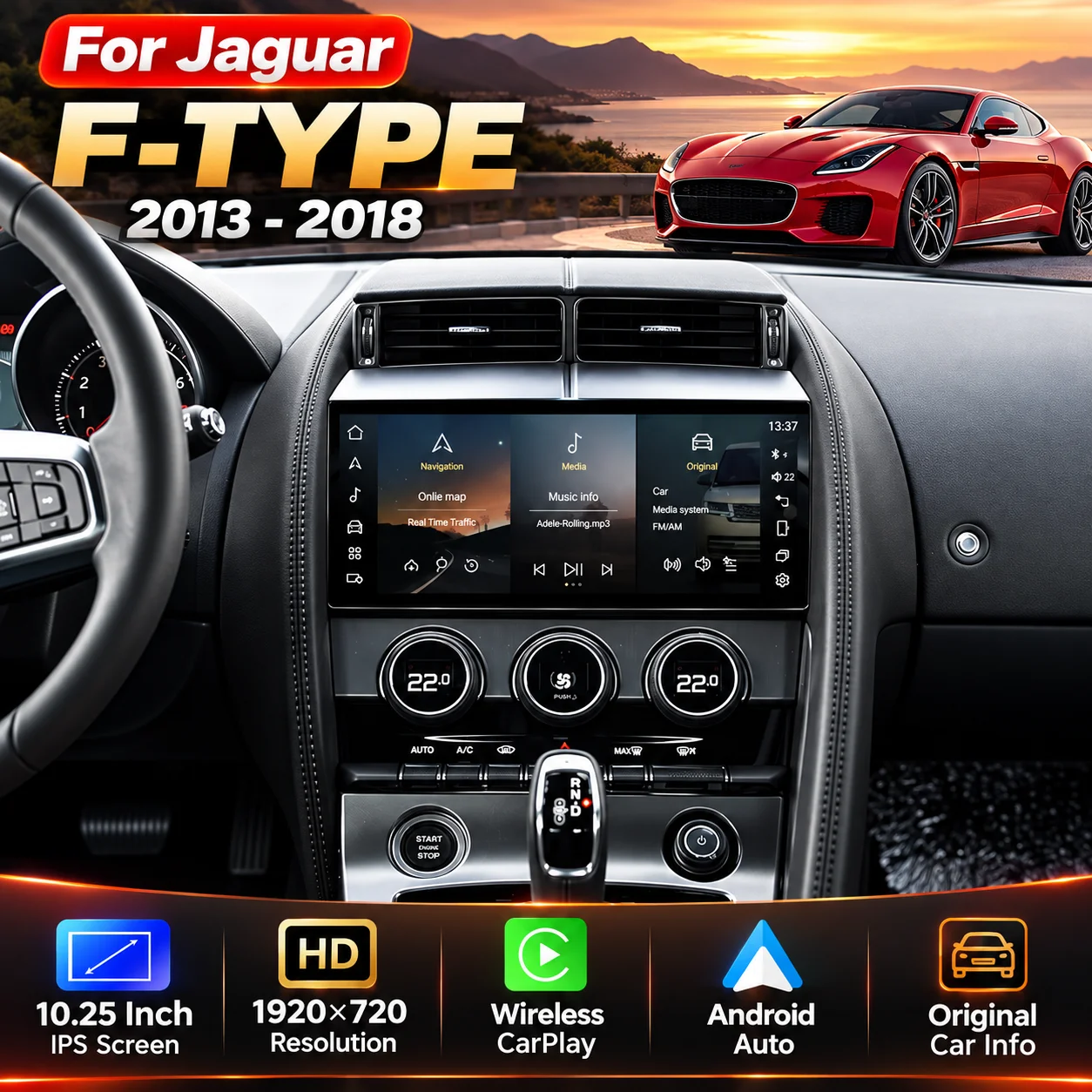 10.25 Inch Car Radio For Jaguar F-Type 2013-2018 Wireless CarPlay Android Auto GPS Navigation Touch Screen Bluetooth Multimedia