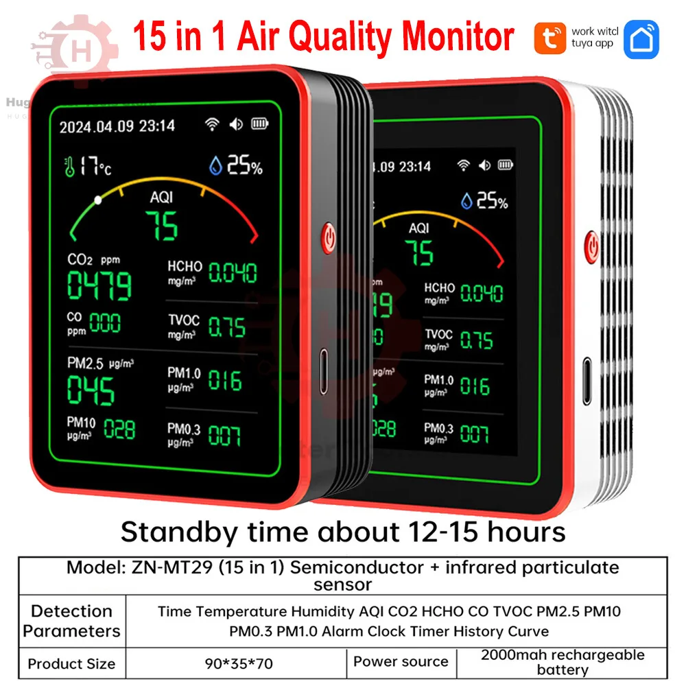 Tuya WiFi 15 w 1 Monitor jakości powietrza PM0.3 PM1.0 PM2.5 PM10 Detektor formaldehydu Tester CO2 Domowy detektor sterowany aplikacją