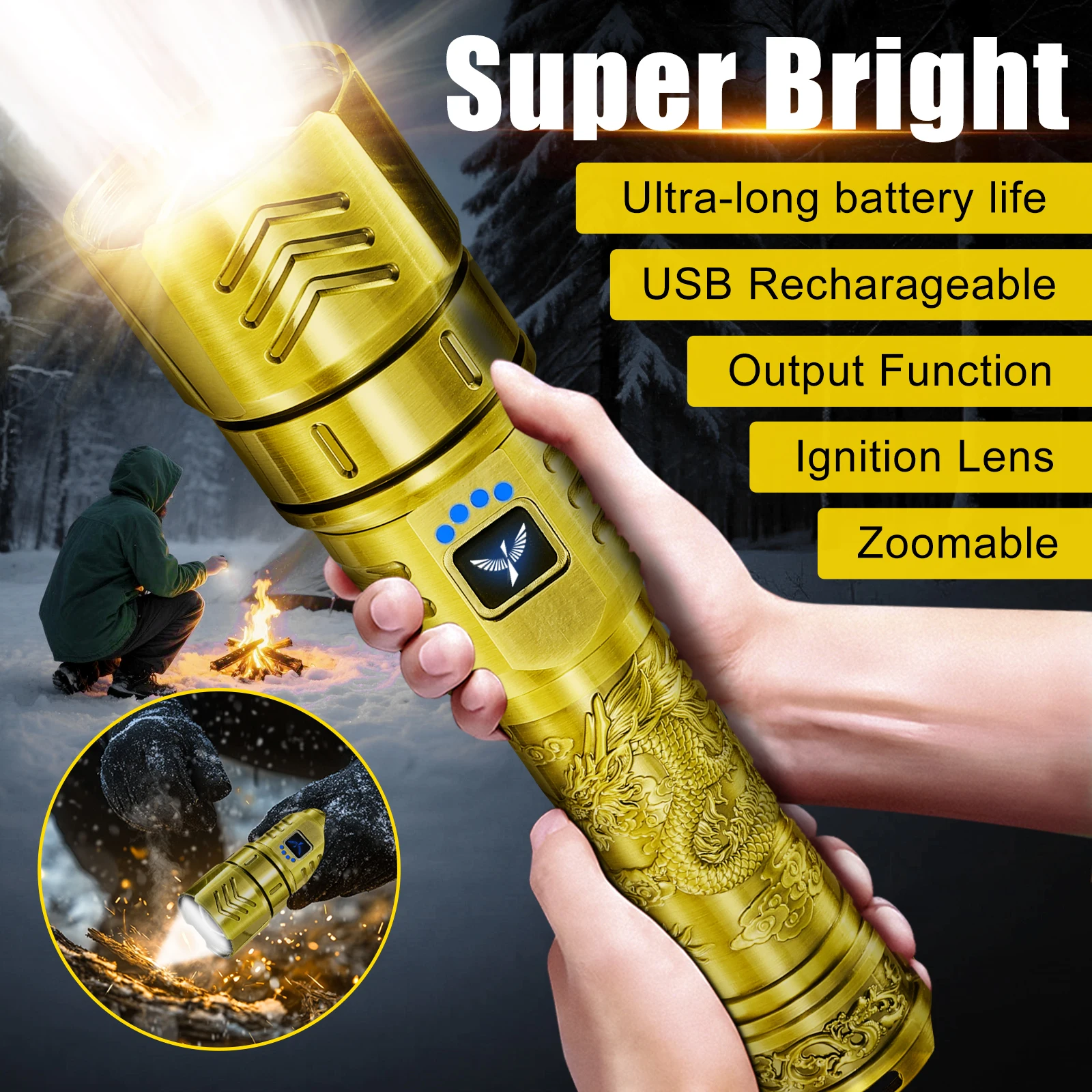 

SKYFIRE LED High-brightness Gold Dragon Pattern Flashlight, 4000mAh rechargeable flashlight with ignition lens, zoom function, four modes, suitable for camping, outdoor and household use