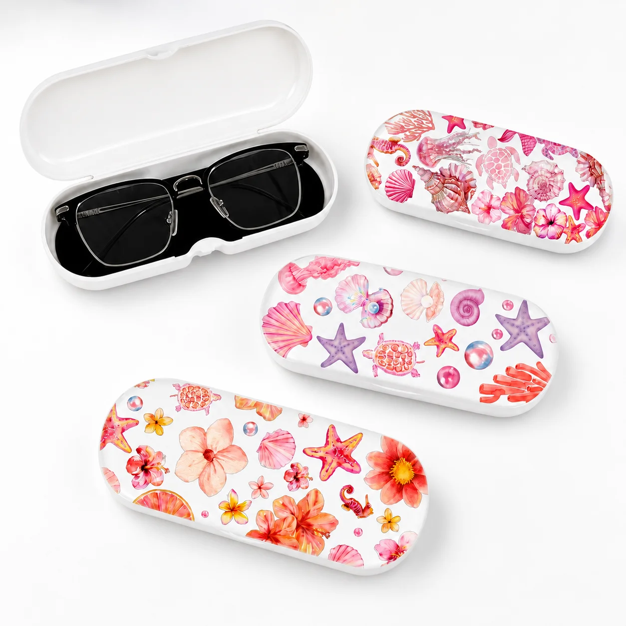 Ocean Floral Hard Eyeglasses Case, Portable Protective Sunglasses Storage Box for Women, Travel Handbag Home Office