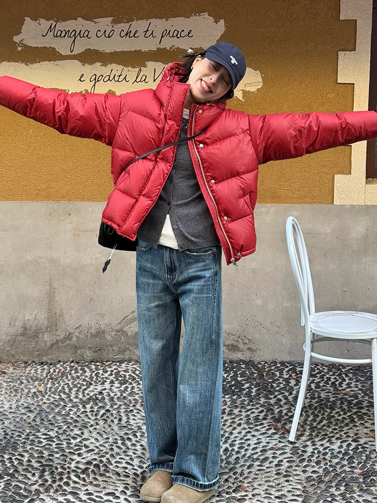 

Red Hooded Women's down Jaet Bebe Home White Goose down ort Puffy Coat Warm Casual Sle Zipper Closure Long Sve