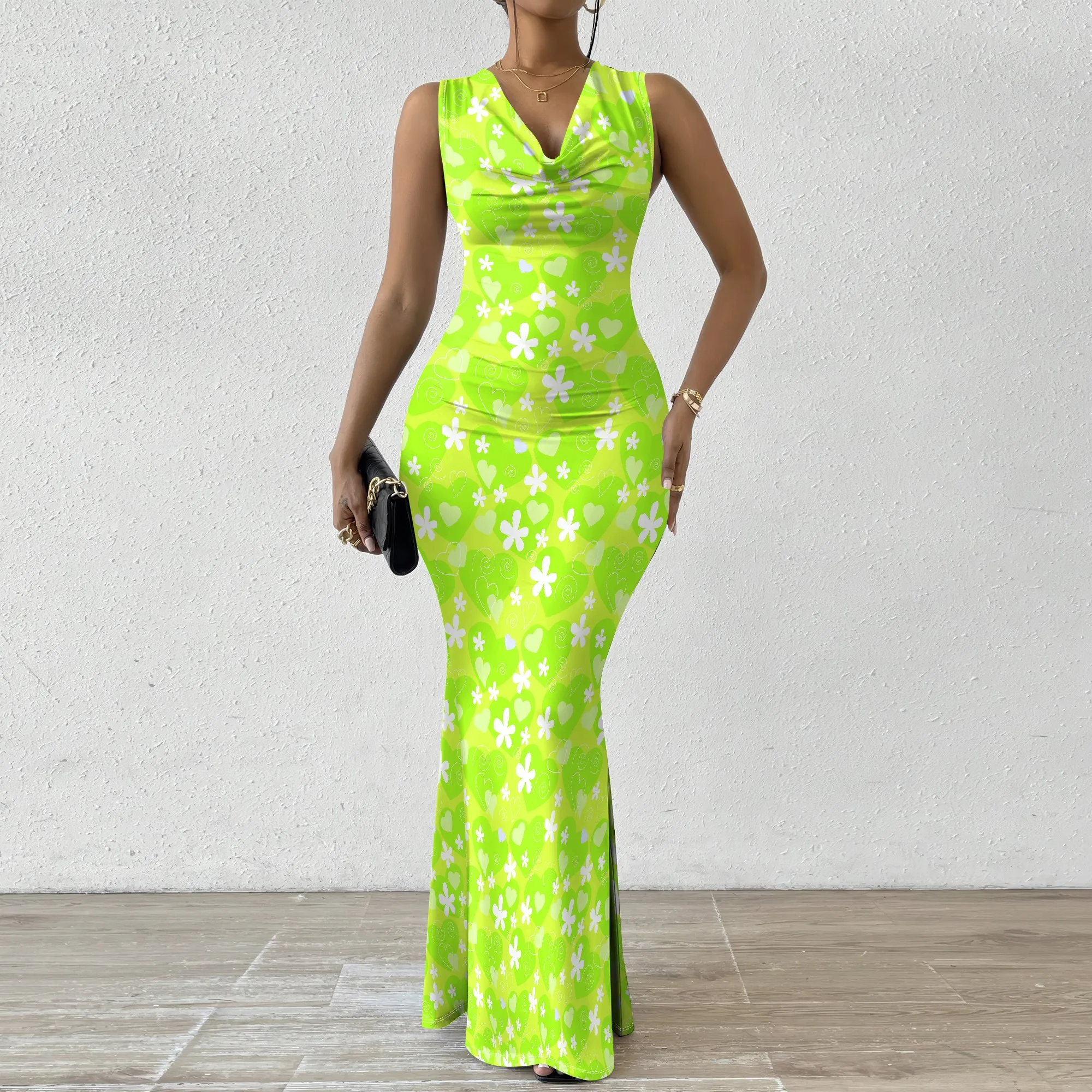 

Women's Mermaid Dress Fitted Cowl Neck Fishtail Dress XS-2XL Love Pattern for Graduation Party Prom Night