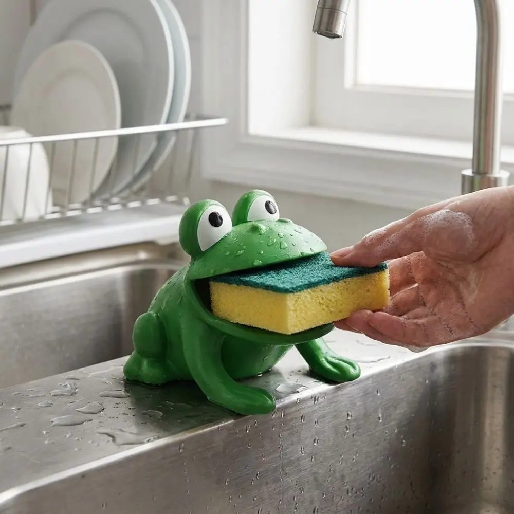 3D Printed Frog-Shaped Sponge Storage Rack Self-draining Big Mouth Frog Dish Cloth Drain Stand with Drain Hole Plastic view 3