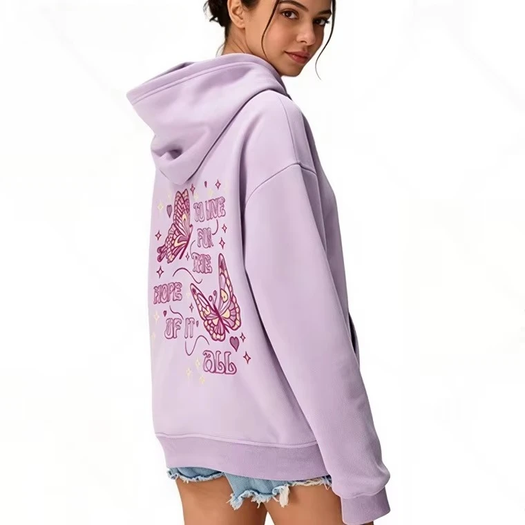 

Высококачественная женская фиолетовая толстовка с длинными рукавами и буквенным принтом, осенняя уличная одежда, логотип спереди, вязаный воротник-капюшон.