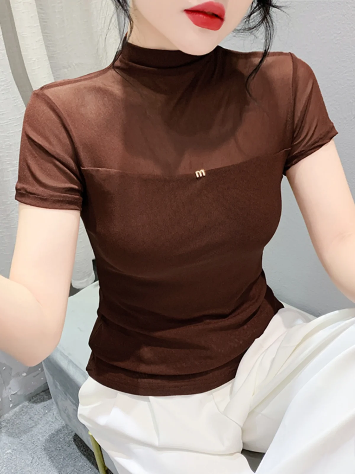 レーストリムまたはスリーブハイカラー女性用Tシャツ薄手ベースシャツスリムフィット夏ヨーロッパ風インナーウェアトップ