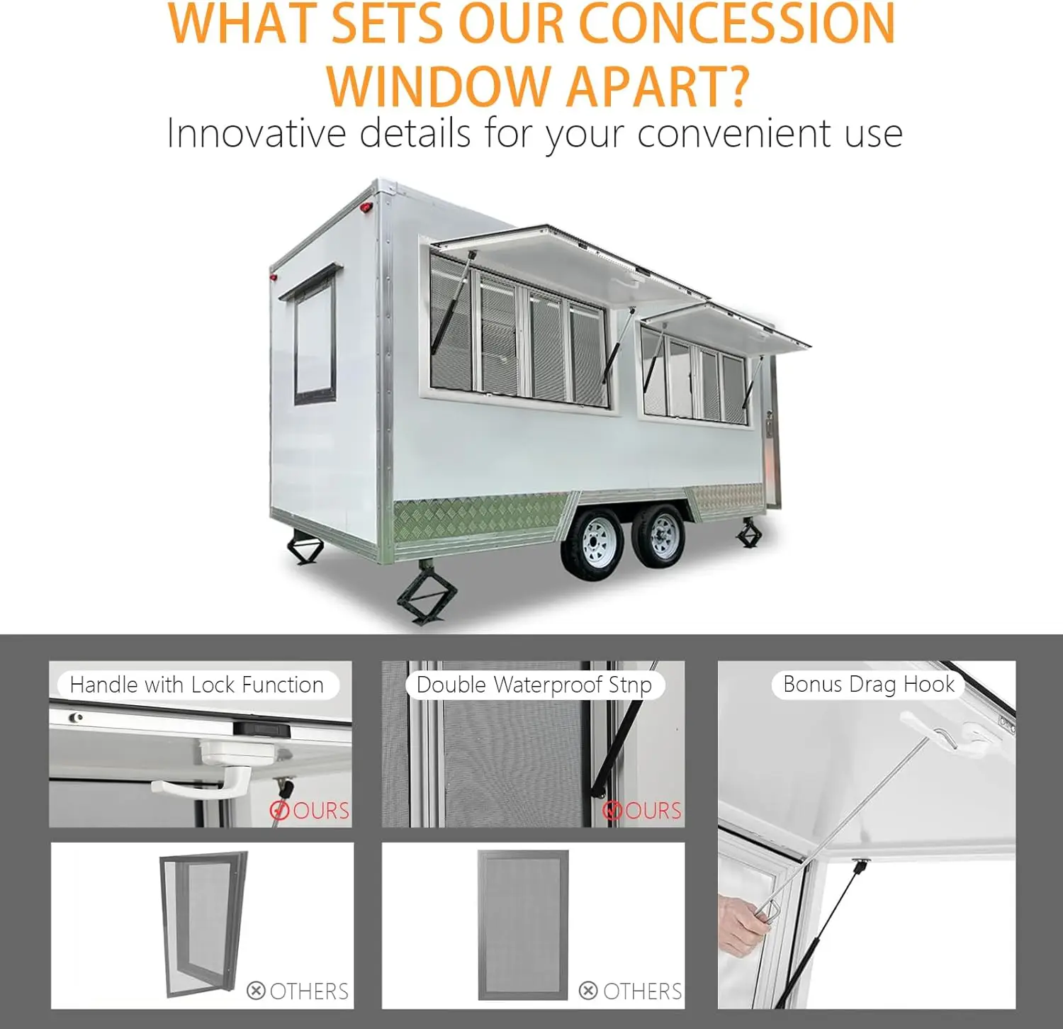 Concession Window 60""X36"", Aluminum Alloy Food Truck Service Window With 4 Horizontal Sliding Windows & Awning & Drag Hook,