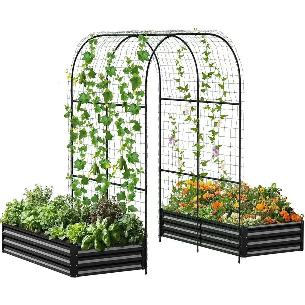 Galvanized Arch Trellis Garden Bed with 87 H Arch, Raised Outdoor Planter Box for Climbing Plants, Black