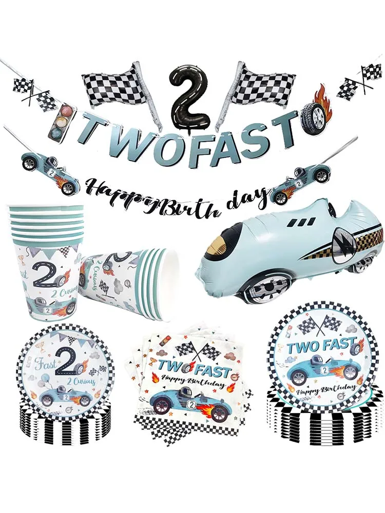 Rennwagen-Thema, zwei schnelle Jungen, Partydekorationen zum 2. Geburtstag für Rennwagen, karierte Flaggen, Rennrad, Einweggeschirr – Detail 1