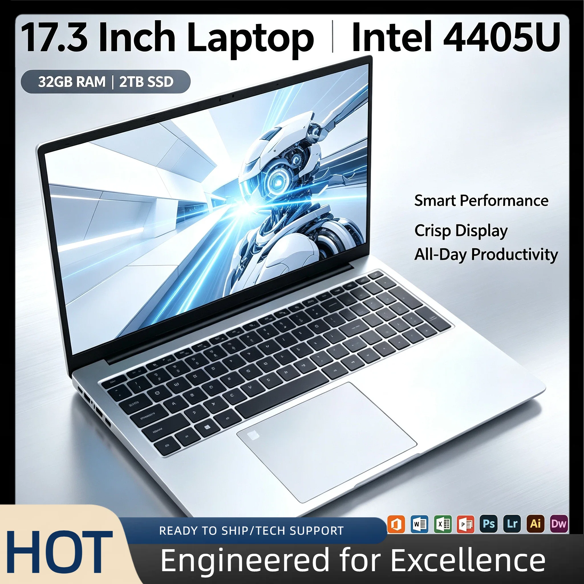 Intel Pentium 4405U 17.3 Inch Full Size Laptop 16GB RAM 2TB SSD Fingerprint Unlock High Performance Work Gaming Core