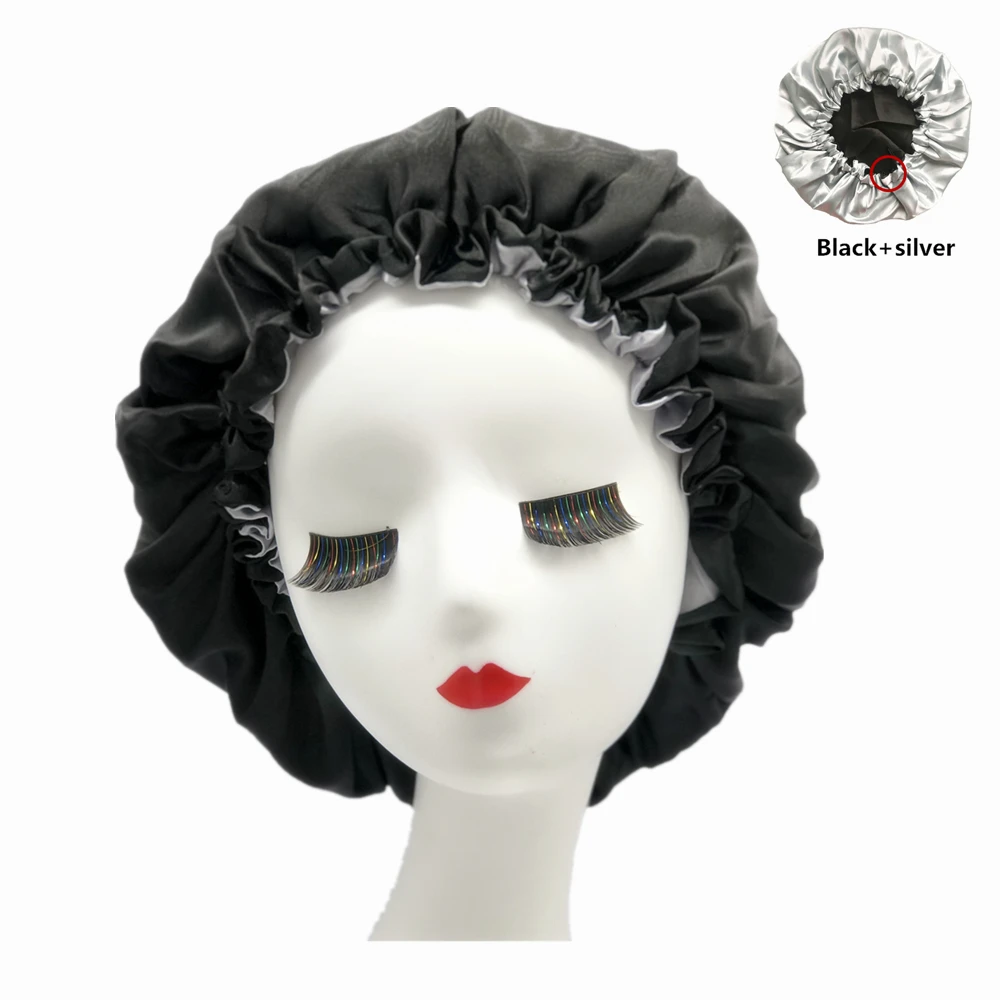 

Double Layer Satin Bonnet Hair Cap Reversible Night Head Cover For Curly Springy Hair