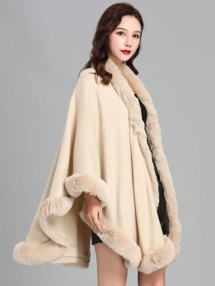 Winter Cloak Cashmere Warm Thick Loose Coat Poncho Women Faux Rabbit Fur Neck Cape Office Lady Furry Cardigan 신상아우터