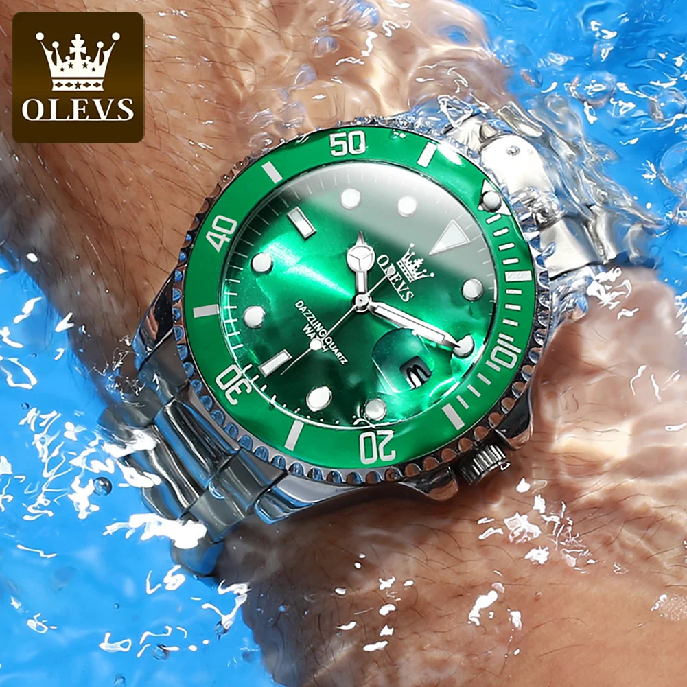 OLEVS Men's Watches Business Stainless Steel Strap Green Quartz Watch Waterproof Calendar Luminous High Quality Male Wristwatch