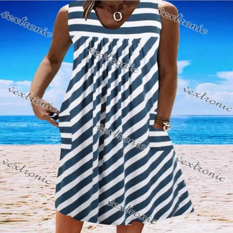 

Plus Size Women's Sleeveless V-neck Striped Midi Dress