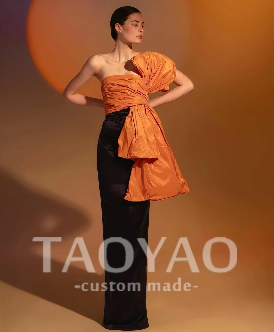 

Elegant Long Taffeta Black&Orange Evening Dress With Bow Customized Sheath Pleated Floor Length Prom Dress Robes de Soirée