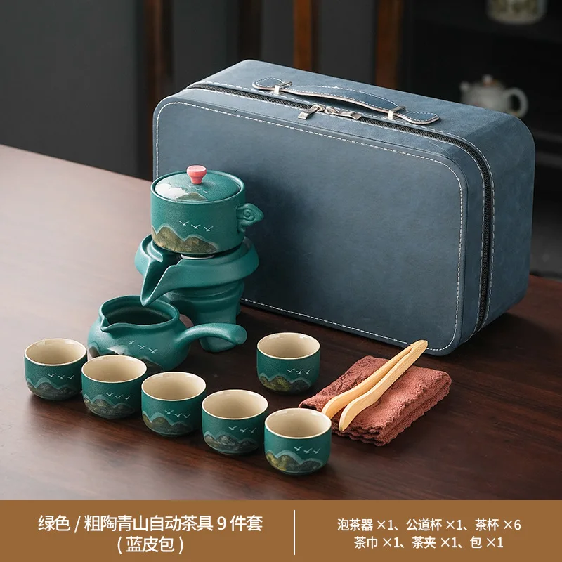 

New Chinese Style Coarse Pottery National Trend Qingshan Semi-Automatic Lazy Stone Mill Portable Tea Brewing Set Househo