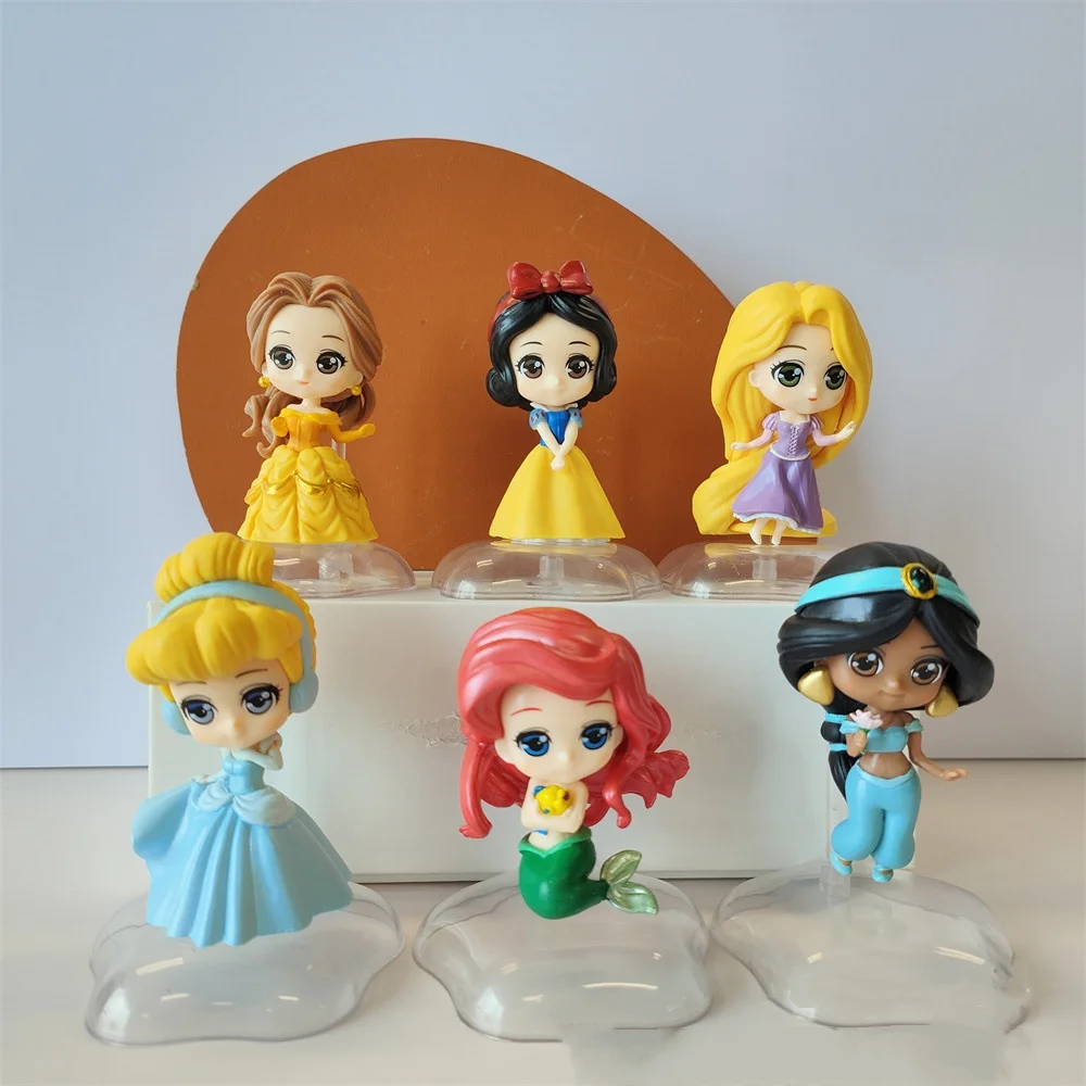 6Pcs/Set Princess Q Ver. Figure 7cm Snow White Aurora Ariel Belle Jasmine Figurine Cake Ornaments Girls Gifts